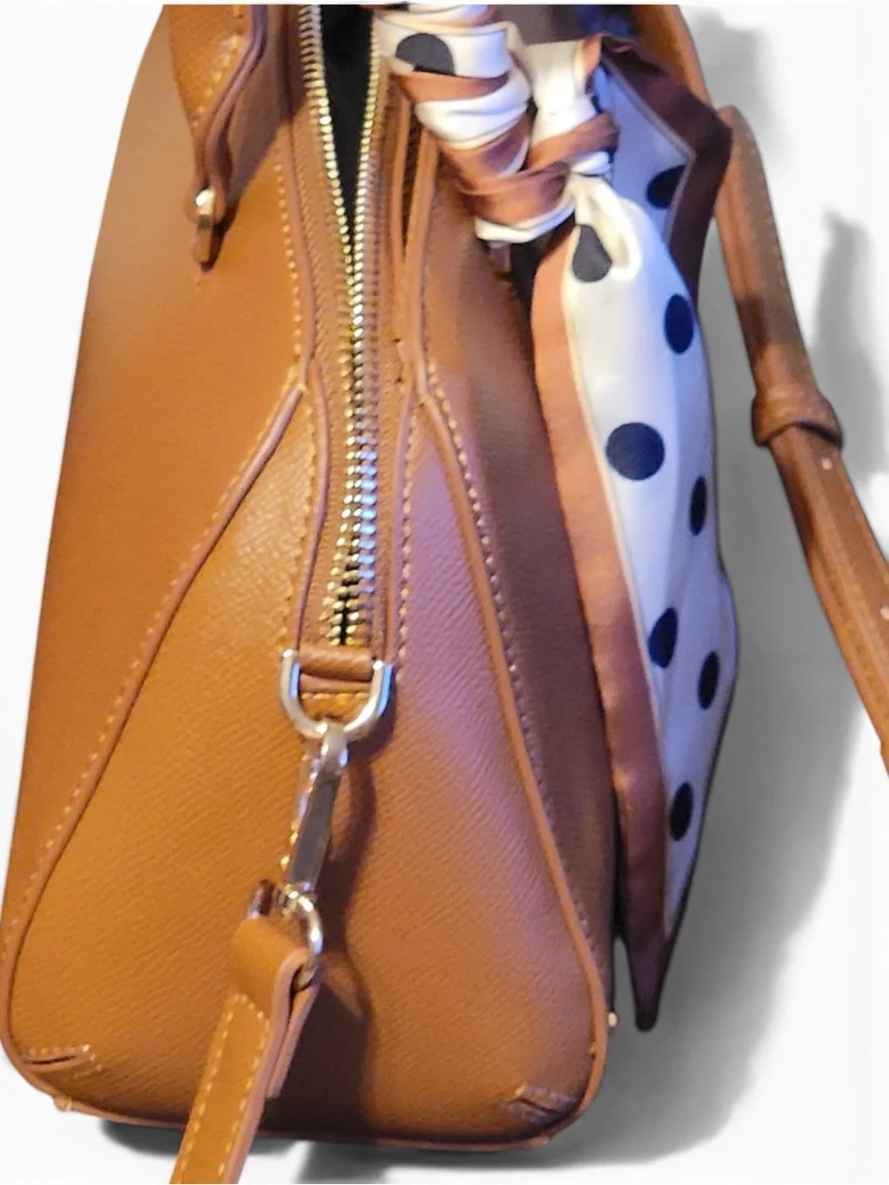 Miztique Brown Leather Top‑Handle Satchel – Scarf Accent – NWT – Chic Structured